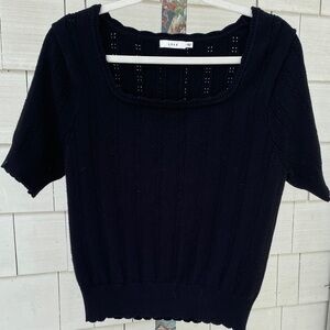Lush Square Neck Perforated Black Short Sleeve Sweater